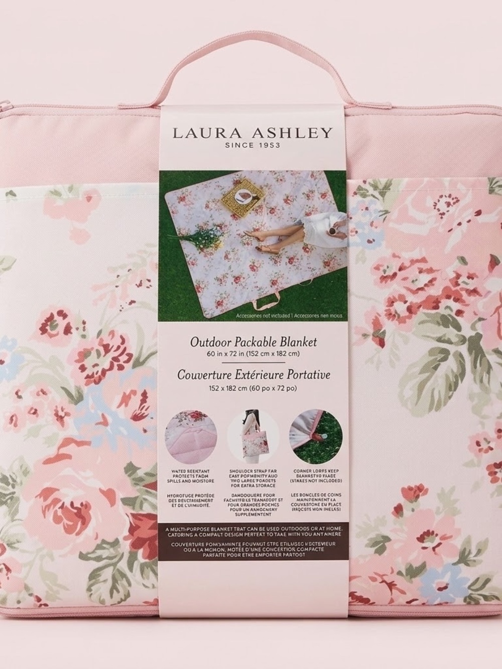 NWT Laura Ashley Pink Floral Packable Outdoor Blanket with Roses